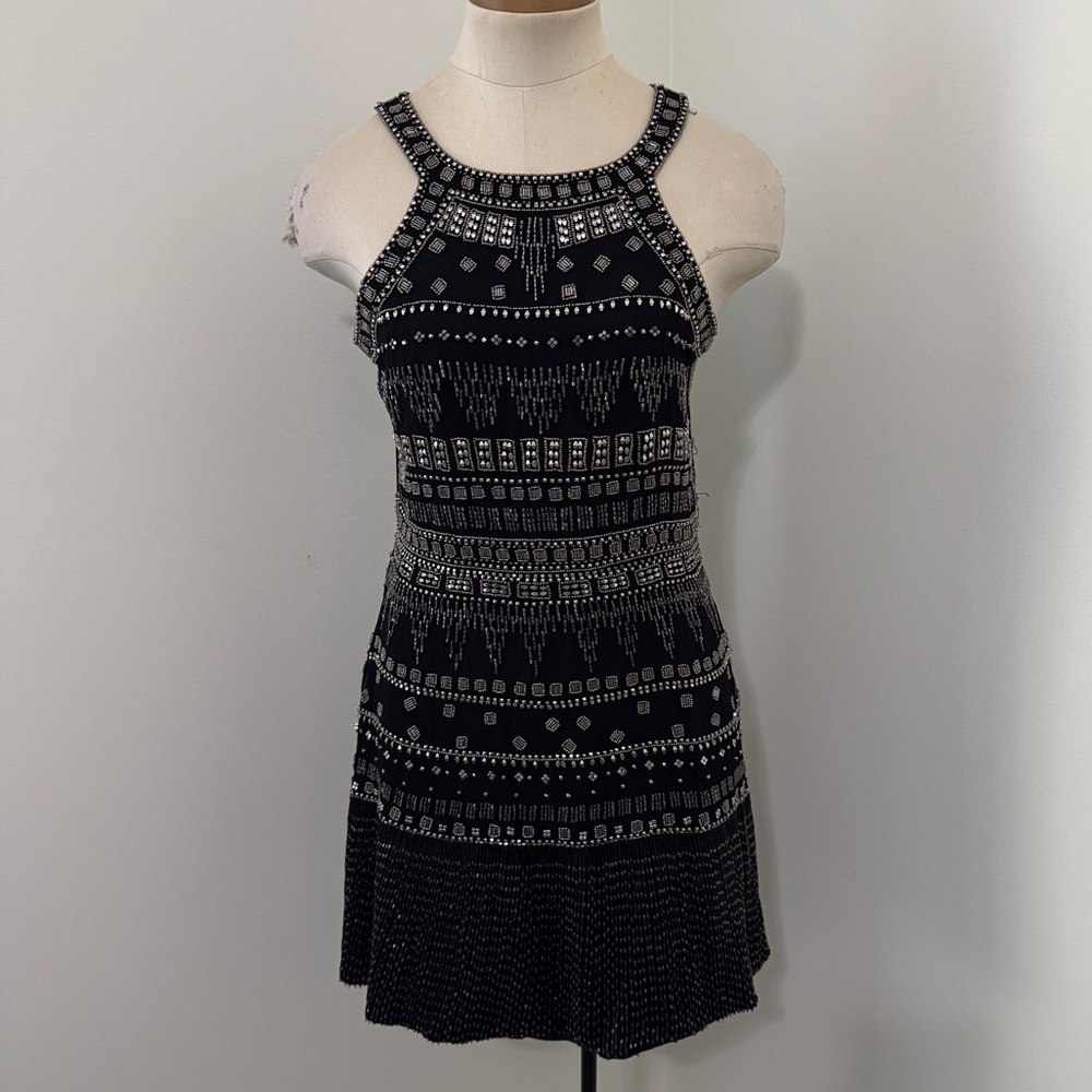 Karina Grimaldi Small Black Beaded Halter Mini DRESS Festive Party‎ Flapper